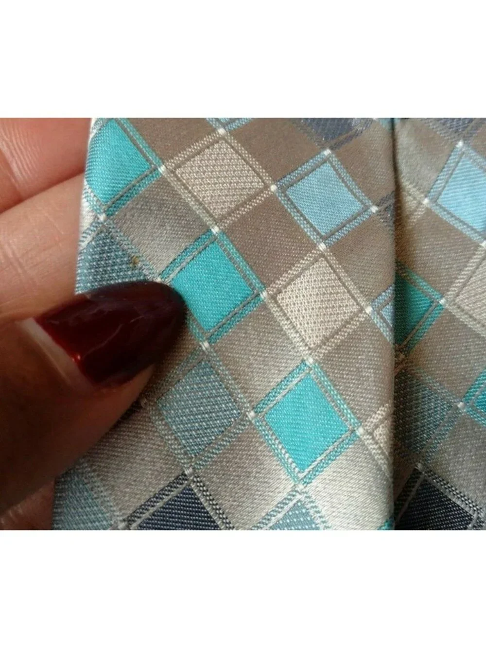 Van Heusen Silk Tie Necktie Mens Silver Blue Gray Diamond Geometric Print
